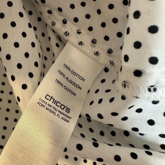 Chicos 2 Top Size 12 Large Black White Polkadot Button Down Shirt HiLow Roll Tab - Picture 9 of 10
